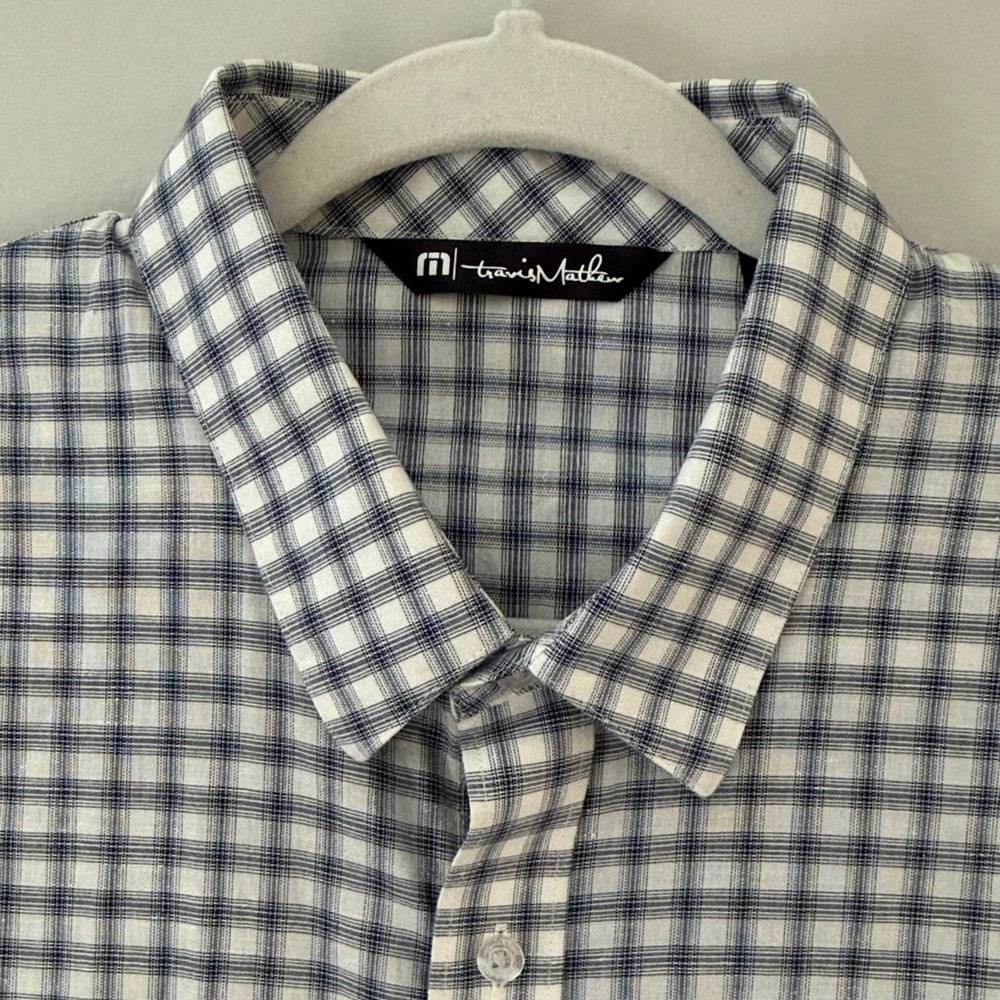 Travis Mathew‎ Navy White Plaid Checker Button Up Short Sleeve Shirt